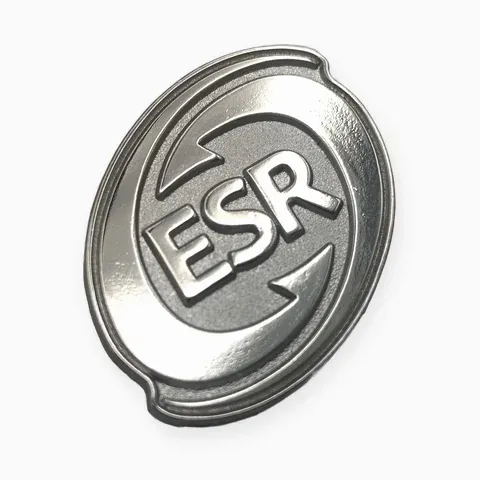 Pin metálico plateado en 3D con relieve y las letras ESR