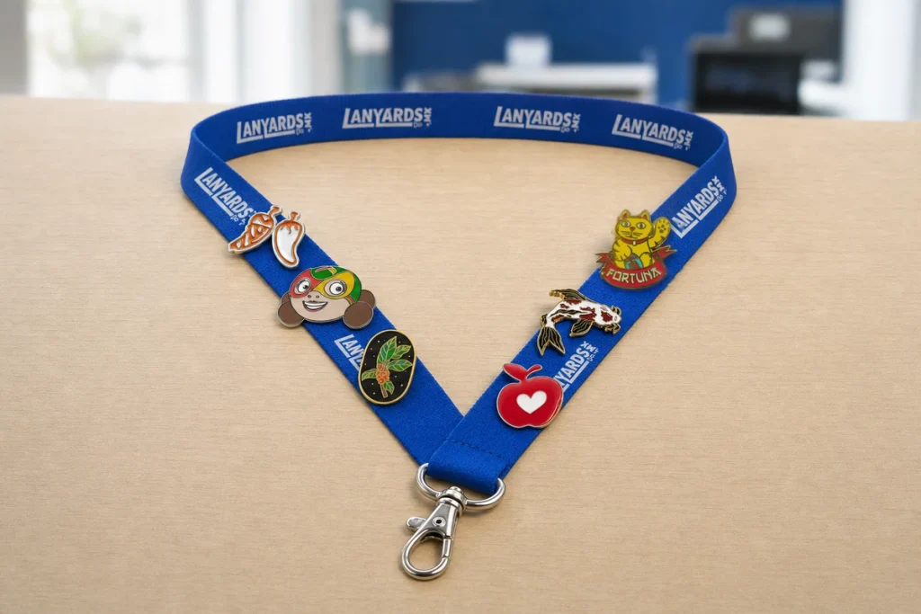 Lanyard azul LANYARDS.MX abierto en V con pins esmaltados en ambos lados