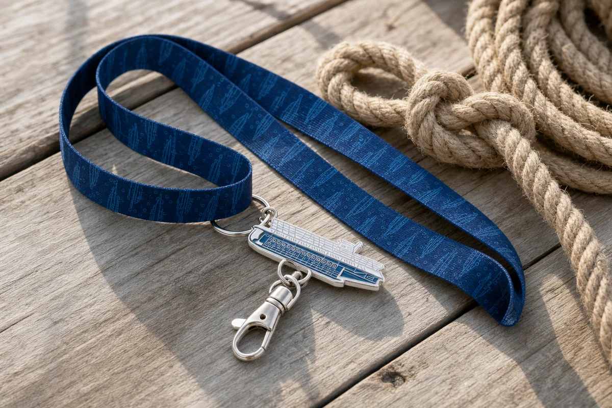 Lanyard azul marino con dije metálico de barco junto a un nudo de cuerda marinera sobre cubierta de madera